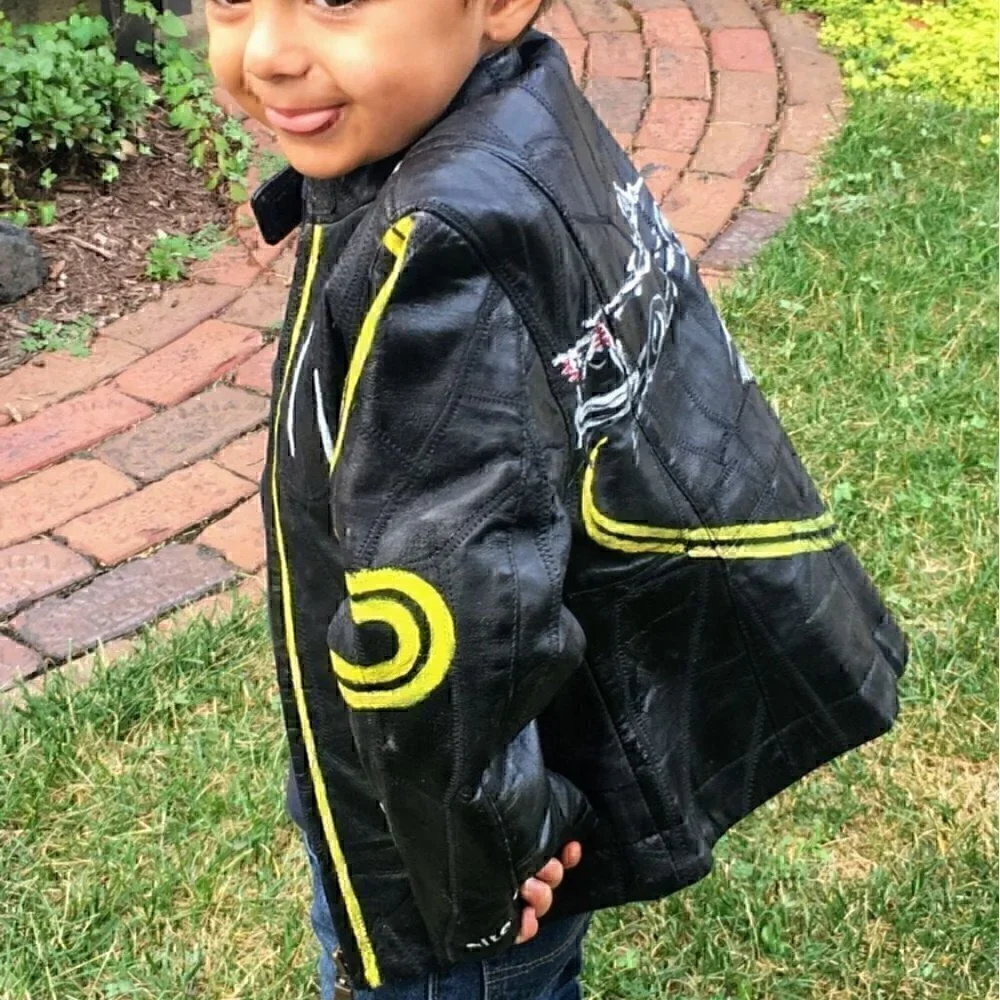 Vintage kids black leather patch zip-up jacket, yellow and white hand painted 4T